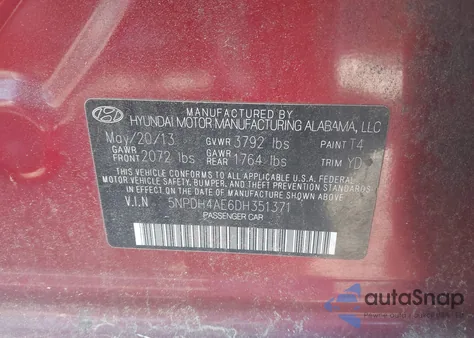 2013 Hyundai Elantra Limited z USA, uszkodzony, nr VIN 5NPDH4AE6DH351371